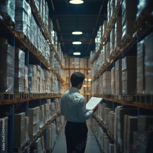 Employee reviewing documents in a storage facility