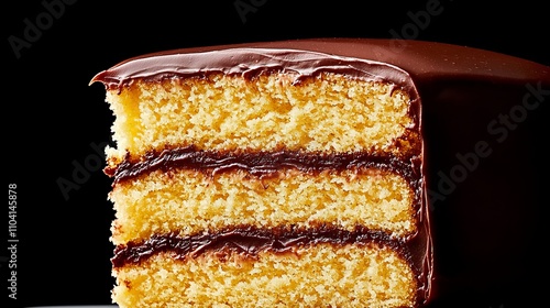  a slice of yellow cake with chocolate frosting on a white plate The cake is a light yellow color and the frosting is a deep, rich brown The plate is a pristine wh