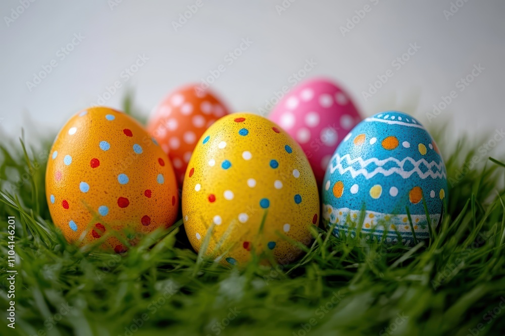 A vibrant display of intricately painted Easter eggs adorned with colorful polka dots and patterns nestled in a bed of lush green grass, celebrating springtime festivity. A vibrant display of intricately painted Easter eggs adorned with colorful polka dots and patterns nestled in a bed of lush green grass, celebrating springtime festivity.