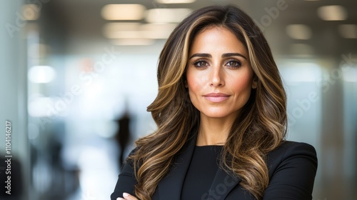  a woman in a black suit with her arms crossed, standing in front of a blurred background with lights at the top