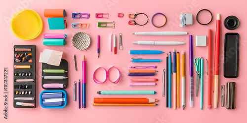 Flat Lay of Stylish Orange and Black Stationery on Neutral Background

 photo