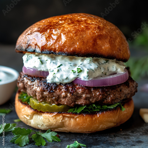 Juicy Grilled Beef Burger with Herb Cream Sauce and Fresh Toppings - Gourmet Delight photo