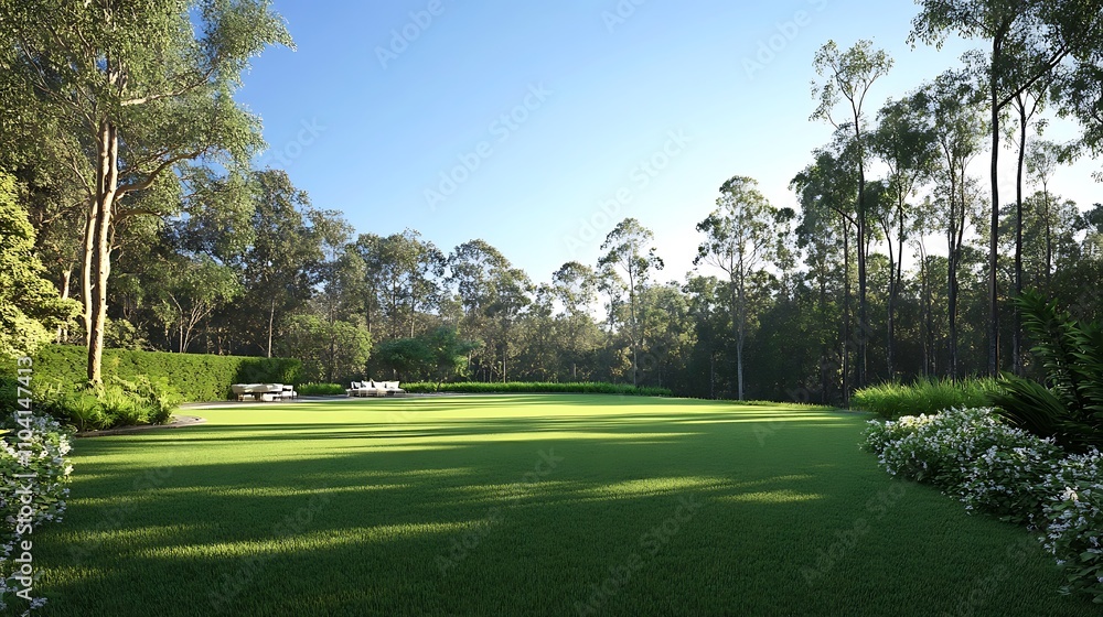 A peaceful lawn surrounded by tall trees, perfect for relaxing in a rural park A peaceful lawn surrounded by tall trees, perfect for relaxing in a rural park