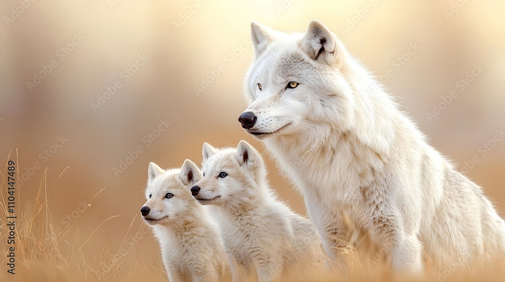 Obraz premium a mother wolf and her two cubs standing in a field of tall grass The background is slightly blurred, giving the image a dreamy feel The colors are vibrant and the