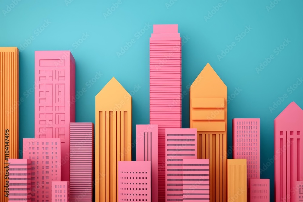 Colorful paper buildings create a vibrant city skyline against a blue background. Colorful paper buildings create a vibrant city skyline against a blue background.