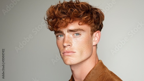  a young man with red hair and freckles wearing a brown shirt against a white background His hair is styled in a short, curly cut, giving him a modern and stylish l photo