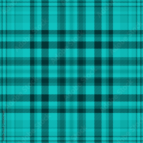 Checker fabric textile texture, custom tartan plaid background. Bandana seamless pattern check vector in teal and dark colors.