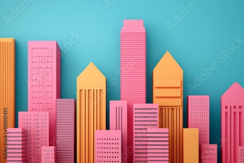 Colorful paper buildings create a vibrant city skyline against a blue background. photo