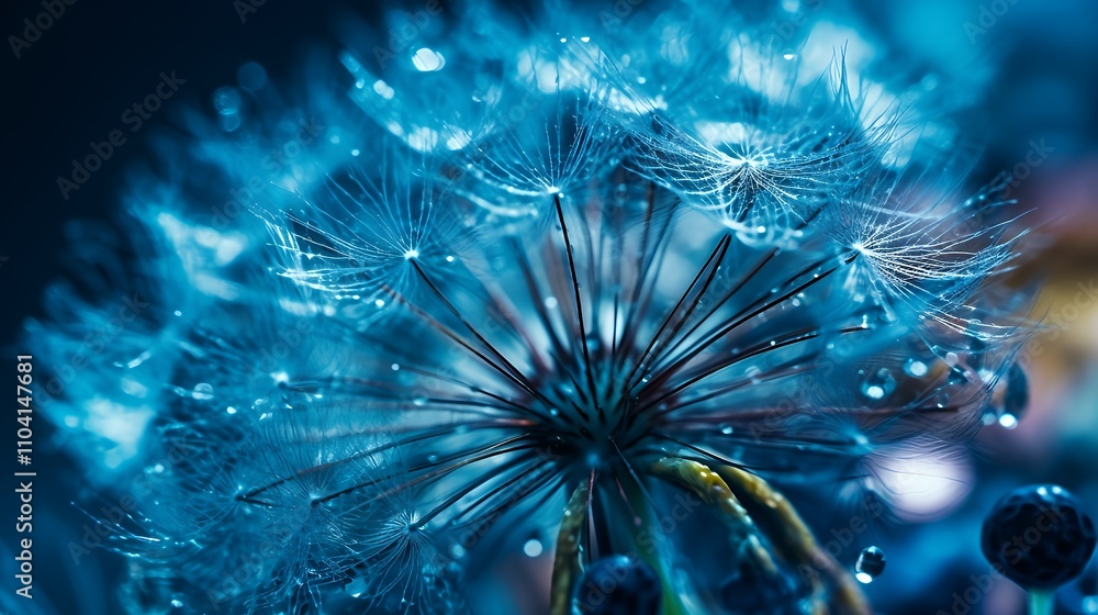 Fototapeta premium Dandelion seed head covered in sparkling water droplets shines under cool blue night lighting.