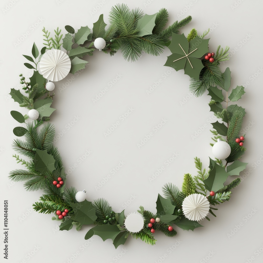 Christmas wreath made from layered paper cut holly leaves and berries in varying sizes with a flat symmetrical circular design and crisp edges on a plain white background, Photorealistic Christmas wreath made from layered paper cut holly leaves and berries in varying sizes with a flat symmetrical circular design and crisp edges on a plain white background, Photorealistic