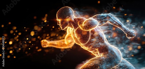 Human muscular system. Dynamic motion study showing muscles in action during a sprint, vibrant fibers glowing with intensity photo