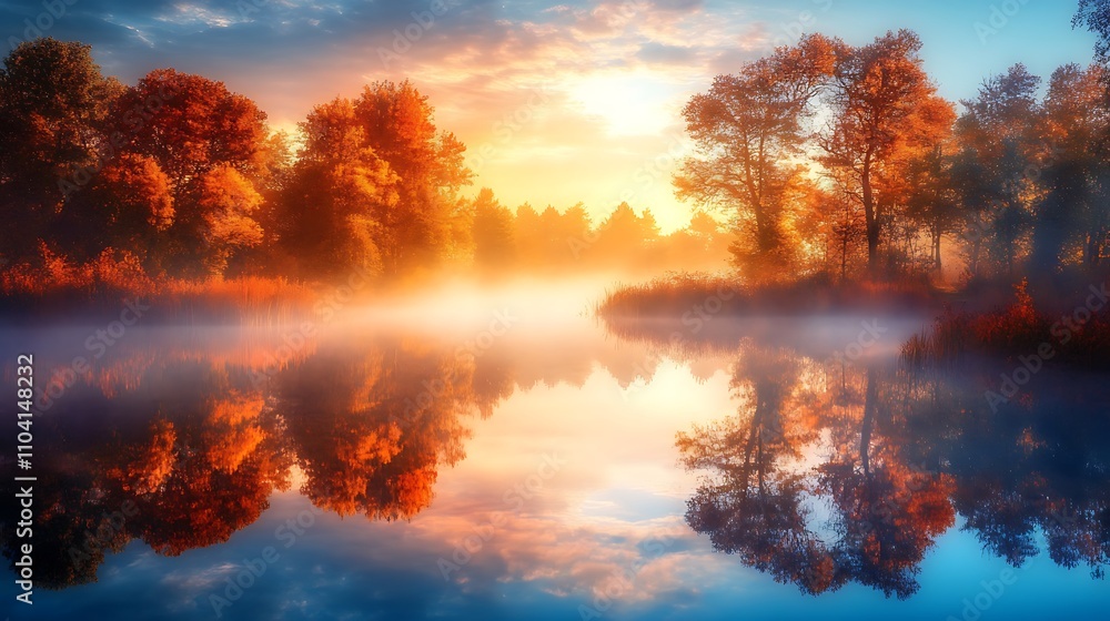 Fototapeta premium A serene autumn landscape with vibrant trees reflecting in a calm river at sunrise.
