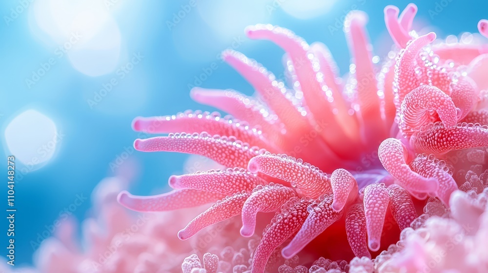 a close up of a pink sea anemone with water droplets on it, set against a blue background a close up of a pink sea anemone with water droplets on it, set against a blue background