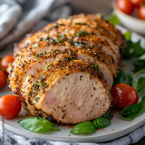 Herb-Crusted Pork Tenderloin with Roasted Potatoes and Cherry Tomatoes - Gourmet Plate photo