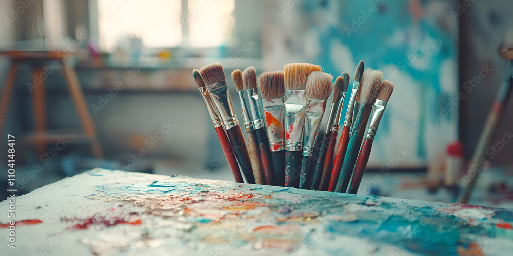 Artist's Paintbrushes and Color Palette on Abstract Canvas
Artist's Paintbrushes and Color Palette on Abstract Canvas