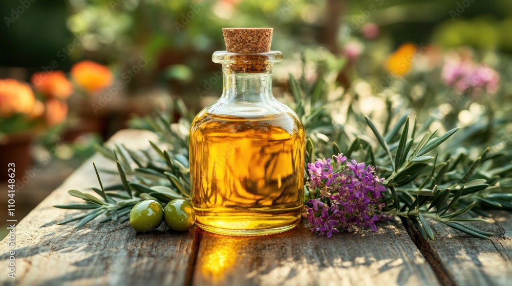 Bottle of olive oil with rosemary and herbs on a wooden table. Bottle of olive oil with rosemary and herbs on a wooden table.
