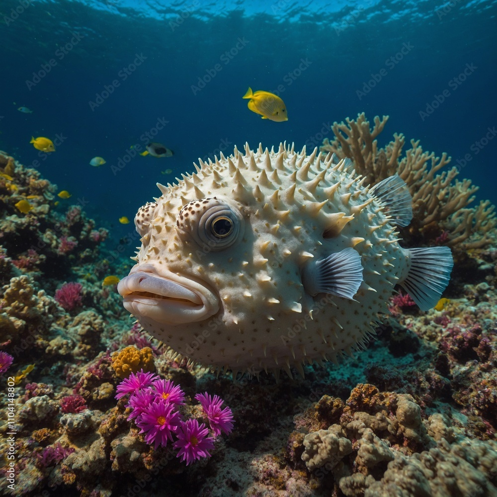 A pufferfish inflating near a reef filled with magical glowing flowers. A pufferfish inflating near a reef filled with magical glowing flowers.