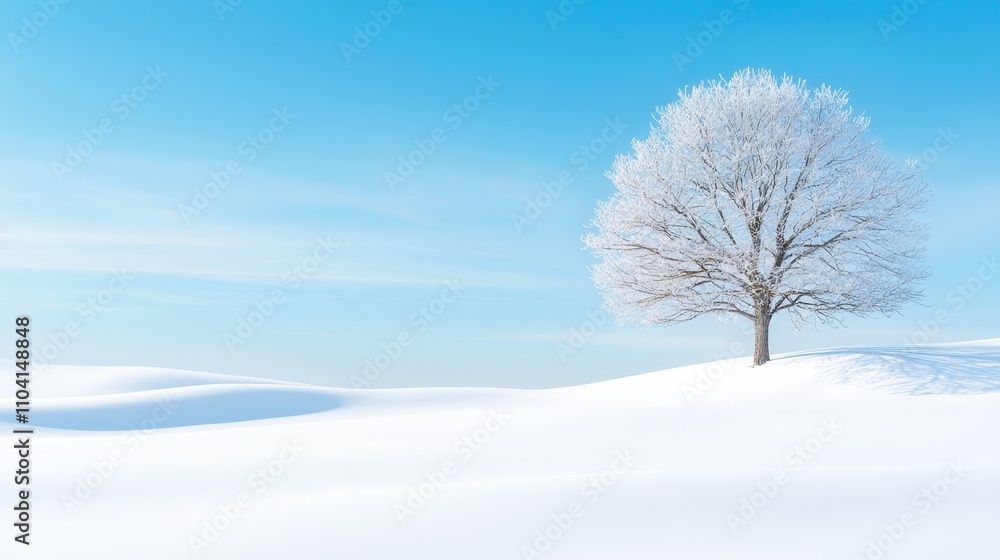 a lone tree standing in the middle of a snowy field, with a clear blue sky in the background The snow is pristine and untouched, creating a peaceful winter scene a lone tree standing in the middle of a snowy field, with a clear blue sky in the background The snow is pristine and untouched, creating a peaceful winter scene
