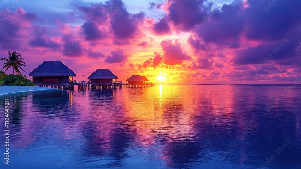A serene sunset over water bungalows, reflecting vibrant colors in the calm sea. A serene sunset over water bungalows, reflecting vibrant colors in the calm sea.