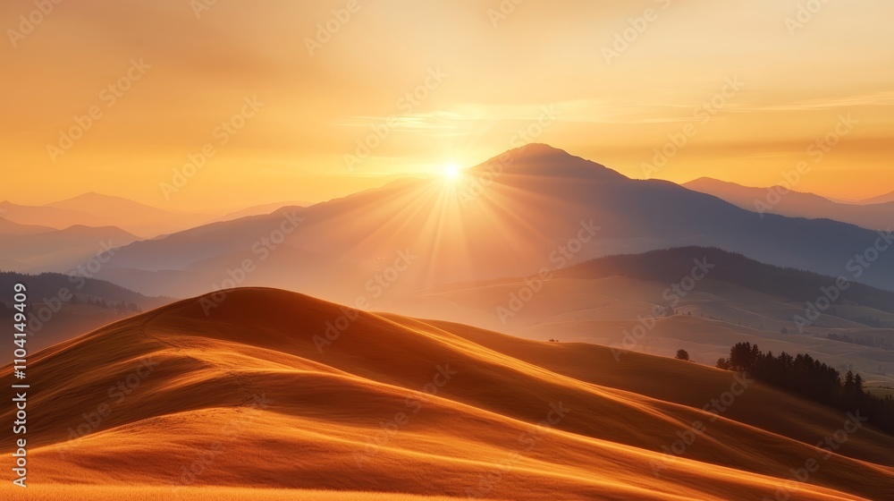 the rolling hills of the Tuscany countryside at sunset, with the sun setting in the background and trees scattered throughout the landscape The sky is a beautiful the rolling hills of the Tuscany countryside at sunset, with the sun setting in the background and trees scattered throughout the landscape The sky is a beautiful