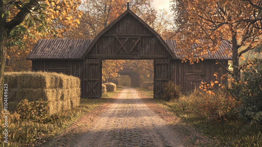 Idyllic Autumn Scene: Realistic Wooden Barn with Hay Stacks Amid Colorful Foliage. Ultra-Detailed Rural Landscape Photography. Idyllic Autumn Scene: Realistic Wooden Barn with Hay Stacks Amid Colorful Foliage. Ultra-Detailed Rural Landscape Photography.