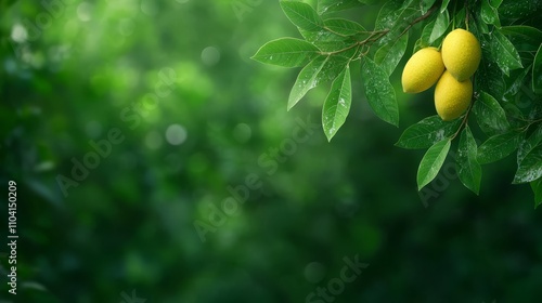  a tree with lush green leaves and a bunch of yellow lemons hanging from its branches The background is slightly blurred, giving the image a dreamy feel