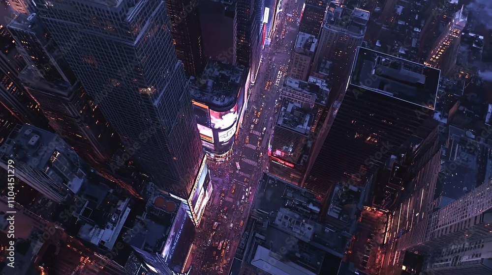 Aerial view of Times Square illuminated at night, showcasing vibrant lights and bustling streets. Aerial view of Times Square illuminated at night, showcasing vibrant lights and bustling streets.