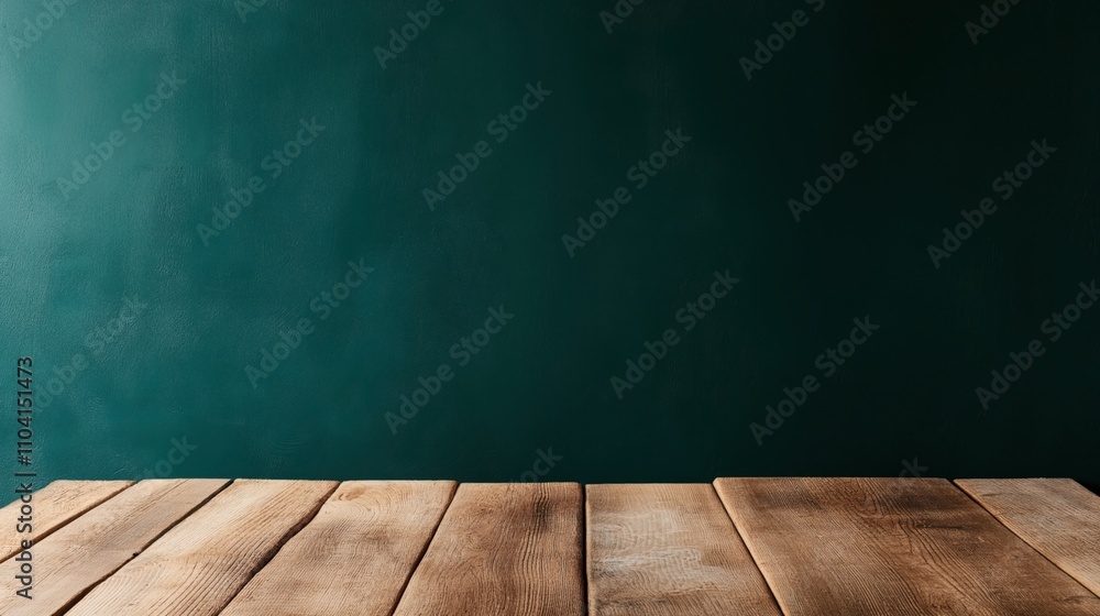 Wooden table surface in foreground with a dark green textured background wall in a simple indoor setting. Wooden table surface in foreground with a dark green textured background wall in a simple indoor setting.