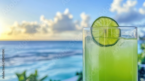 A refreshing green drink garnished with a lime slice, set against a sunny ocean backdrop.