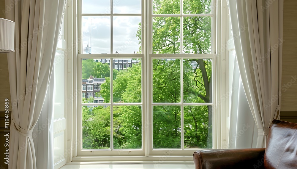 White curtains on window, green trees outside, Dutch cityscape, brown leather chair, beige walls. White curtains on window, green trees outside, Dutch cityscape, brown leather chair, beige walls.