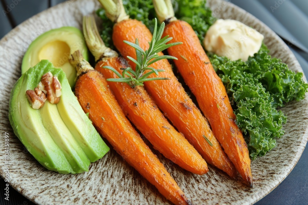 A plate featuring roasted carrots, avocado, kale, and a dollop of mayonnaise. A plate featuring roasted carrots, avocado, kale, and a dollop of mayonnaise.