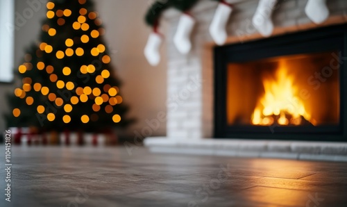 A cozy living room with a roaring fireplace, stockings hanging on the mantle, and a Christmas tree shining brightly, as a blizzard rages outside 
