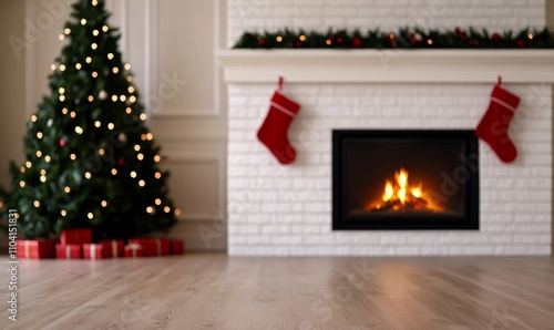 A cozy living room with a roaring fireplace, stockings hanging on the mantle, and a Christmas tree shining brightly, as a blizzard rages outside 