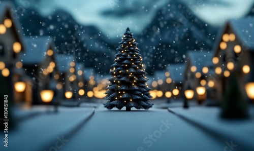 A cozy village square decorated for Christmas, with snow falling heavily and carolers braving the winter storm under glowing lanterns 