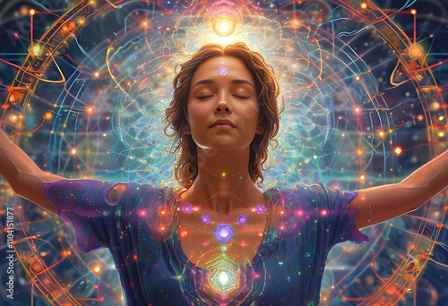 Woman in meditation experiencing heart opening, activation, awakening, enlightenment, samadhi, connection to divine, oneness. Cosmic yoga practice, connection to higher self, love, light.   