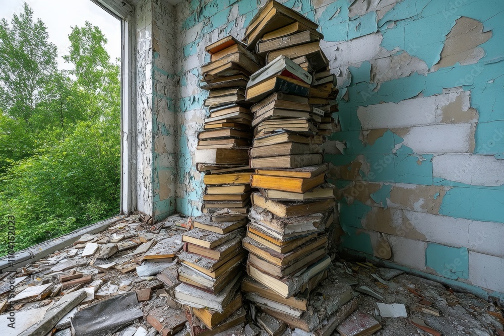 Fototapeta premium A collection of old, water-damaged books stacked haphazardly in a decrepit library with peeling walls