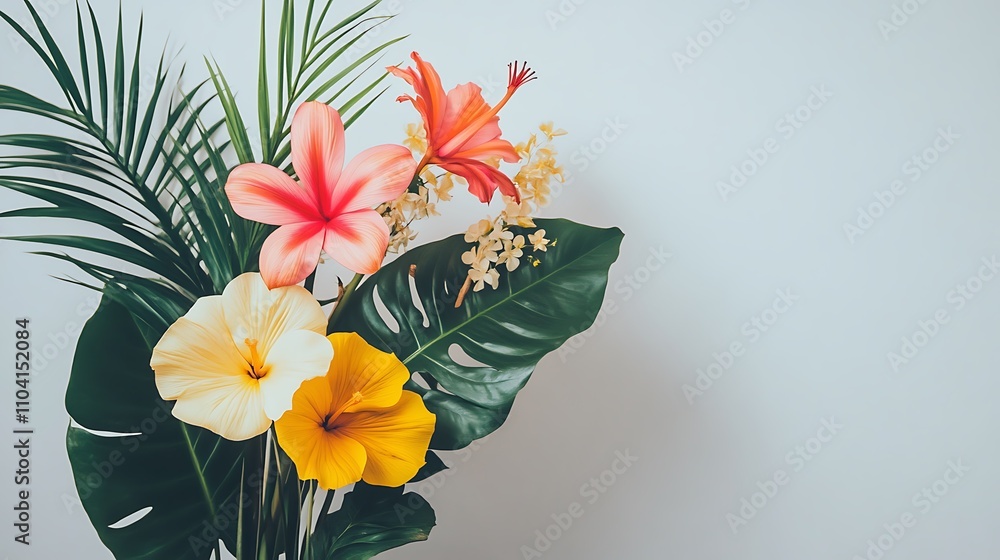 A vibrant arrangement of tropical flowers and leaves against a light background. A vibrant arrangement of tropical flowers and leaves against a light background.