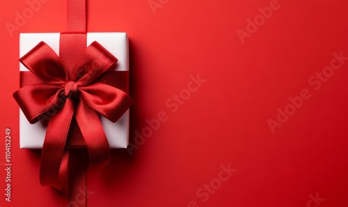 A large red ribbon bow on left of straight ribbon for festive border, white, red background 