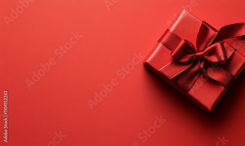 A large red ribbon bow on left of straight ribbon for festive border, white, red background 