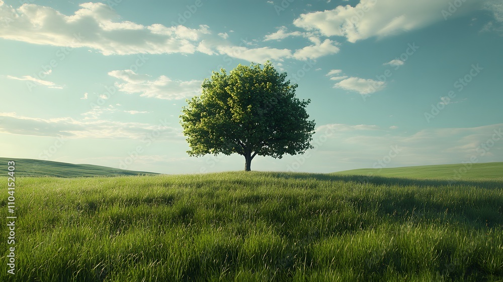 Obraz premium Serene tree standing amid rich green grass under blue skies