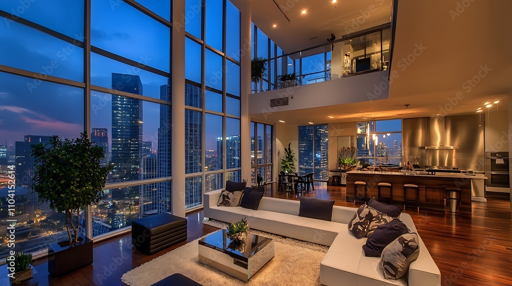 A luxury penthouse living room with floor-to-ceiling windows and a breathtaking city view