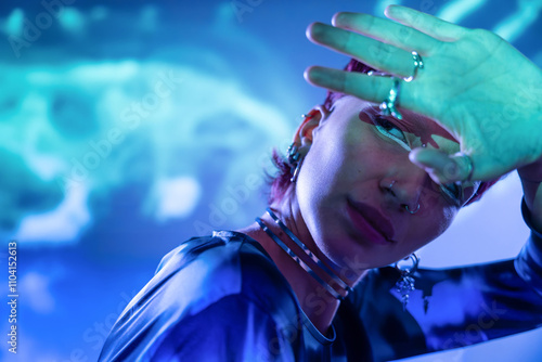 Futuristic woman in metaverse with neon lights photo