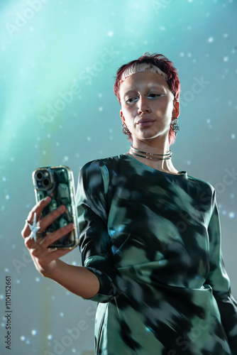 Futuristic woman interacting with technology in metaverse setting