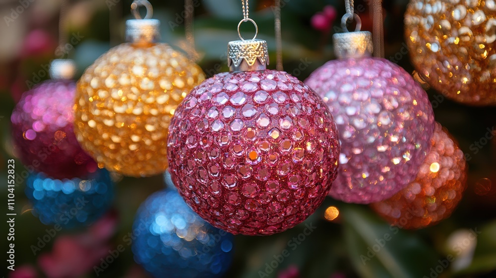 Obraz premium A close-up image showcasing colorful, glittering Christmas ornaments hanging from a tree captures the festive spirit and vibrant holiday atmosphere in a mesmerizing, decorative display.