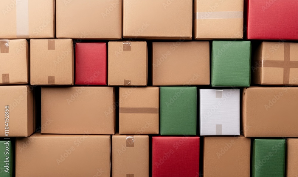 Cardboard boxes stacked high from Amazon deliveries; Christmas gift excess Colors: brown, red, green, white Cardboard boxes stacked high from Amazon deliveries; Christmas gift excess Colors: brown, red, green, white