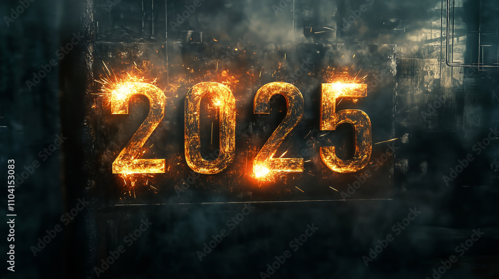 2025 letters with embers and sparks, set against a smoky industrial backdrop, dark and intense, cinematic, hyper-realistic 2025 letters with embers and sparks, set against a smoky industrial backdrop, dark and intense, cinematic, hyper-realistic