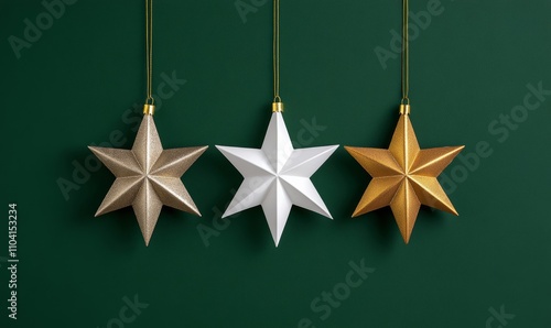 Christmas stars glow against dark green, featuring white and gold accents for festive 3D decor 