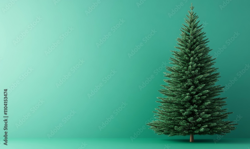 Christmas tree on a teal background with copy space, featuring 3D rendering in green and teal Christmas tree on a teal background with copy space, featuring 3D rendering in green and teal