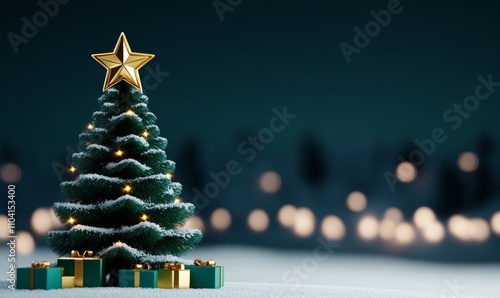 Christmas tree adorned with shiny star and gift boxes in a snowy winter forest at night; greens, whites, blues, and gold 