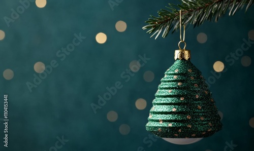 Christmas tree in snow globe hanging from fir branch with golden glitter against blue night backdrop Colors: Green, gold, blue, white 